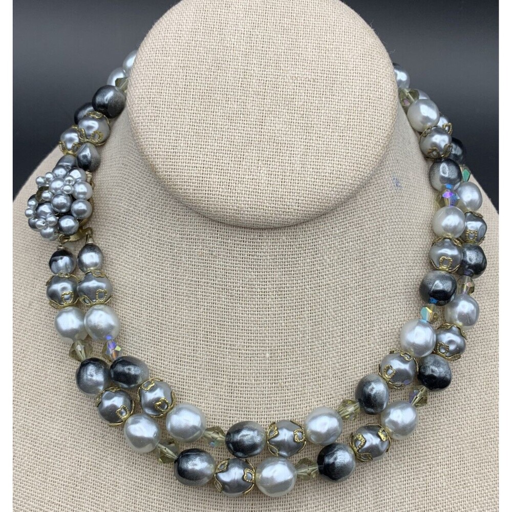 Gray Faux Pearl Beaded Multi Strand Necklace Aurora Borealis Japan Vintage